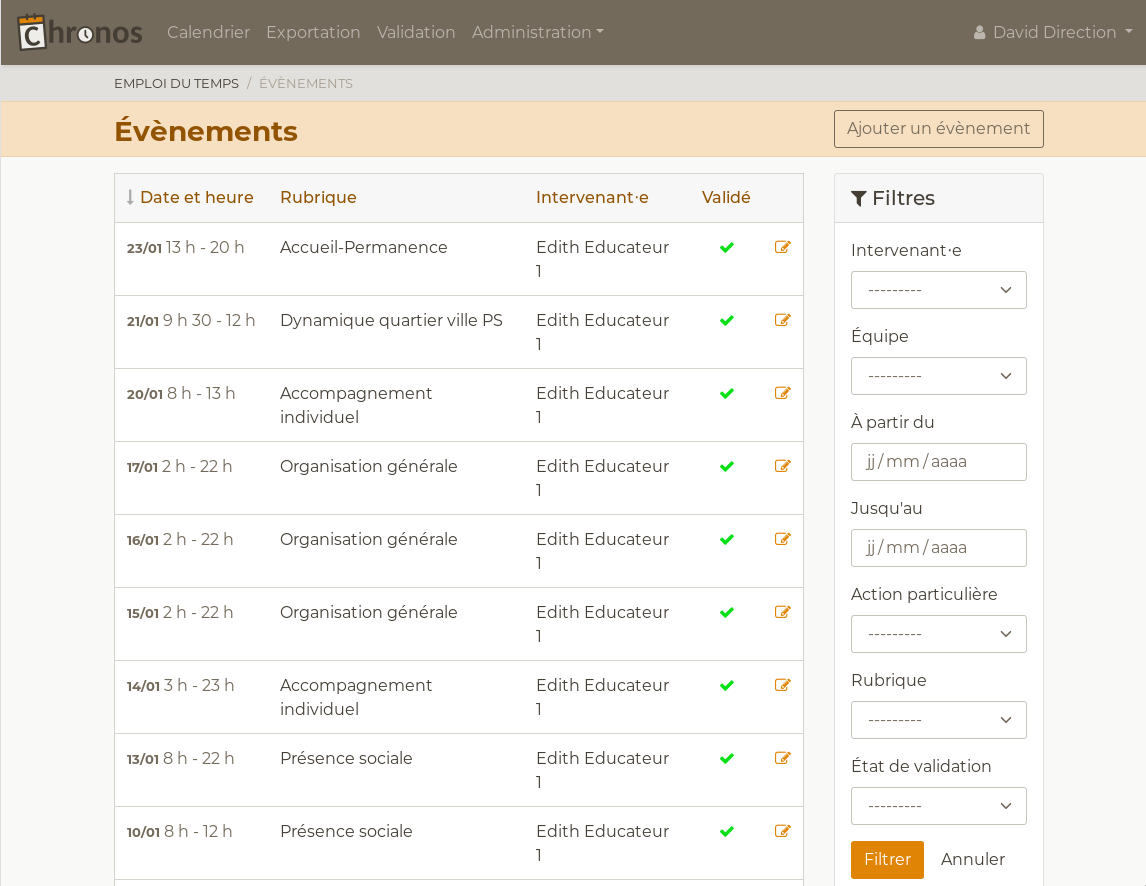 Liste des évènements depuis l’administration